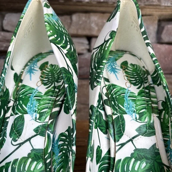 Aldo Stella Printed Patent Tropical Leaves Stiletto 4.5 In Peep Toe Heels 9 - Picture 3 of 12